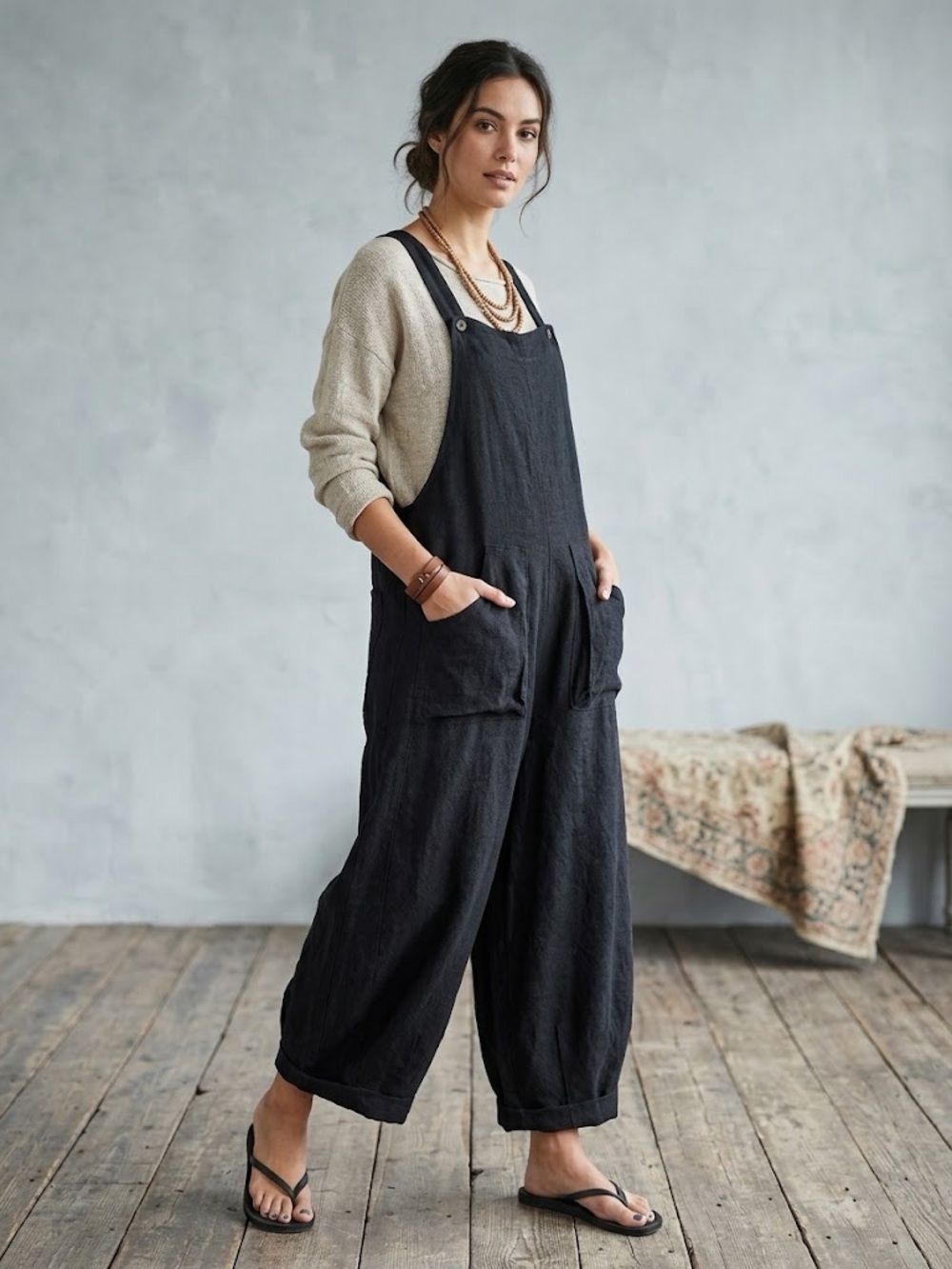 Kleen Black Linen Blend Wide Leg Overalls Jumpsuit Relaxed Lagenlook Size L